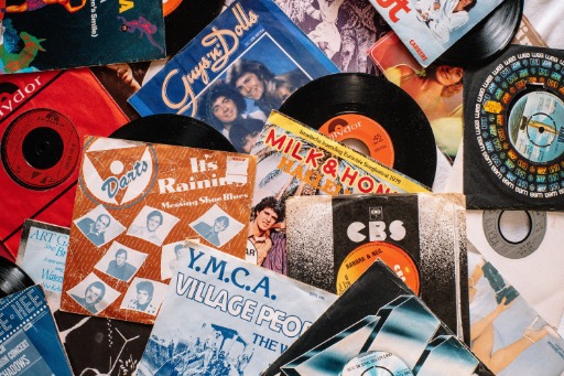 set or retro vinyl records on table